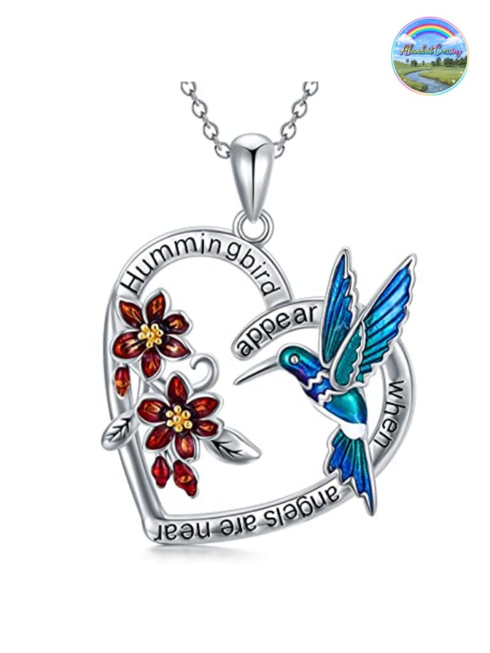 925 Sterling Silver Hummingbird Pendant Necklace 18 Inch Chain with Red Flower